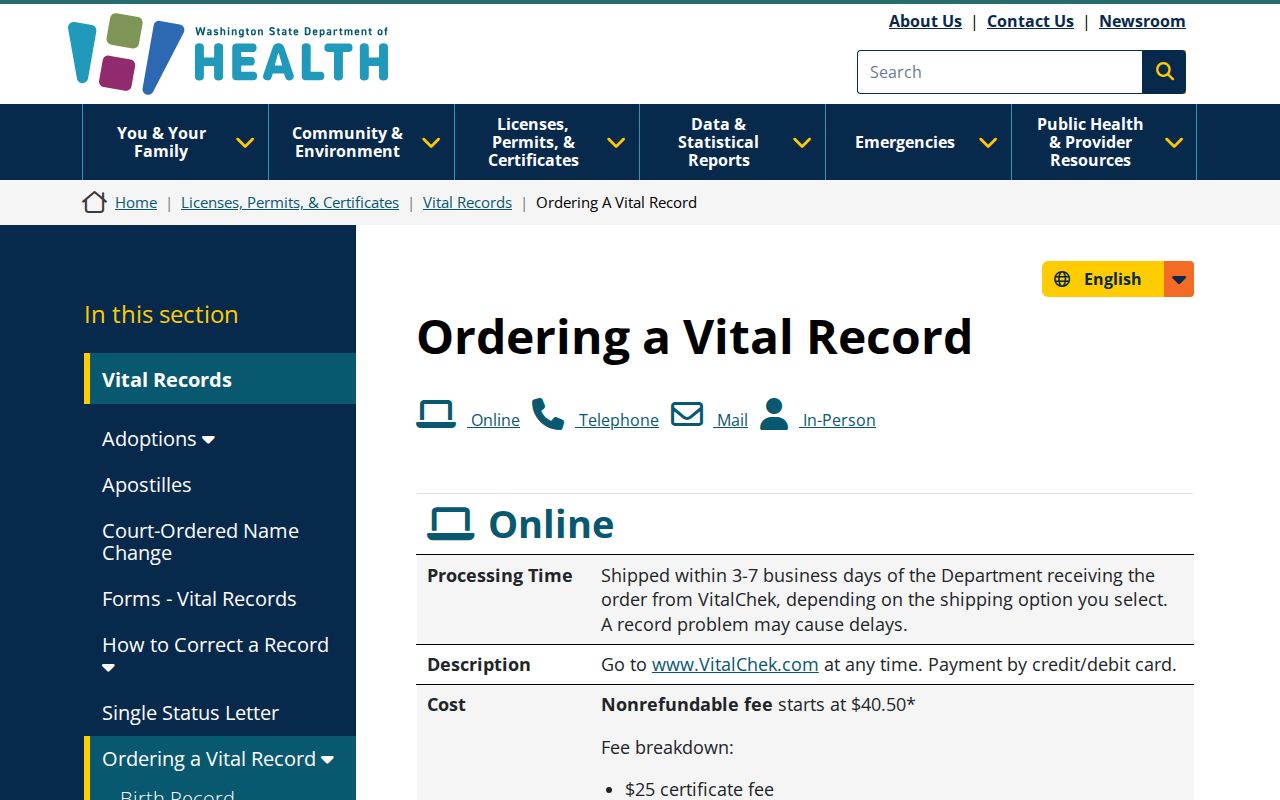 Silver Firs resident lookup vital records ordering page